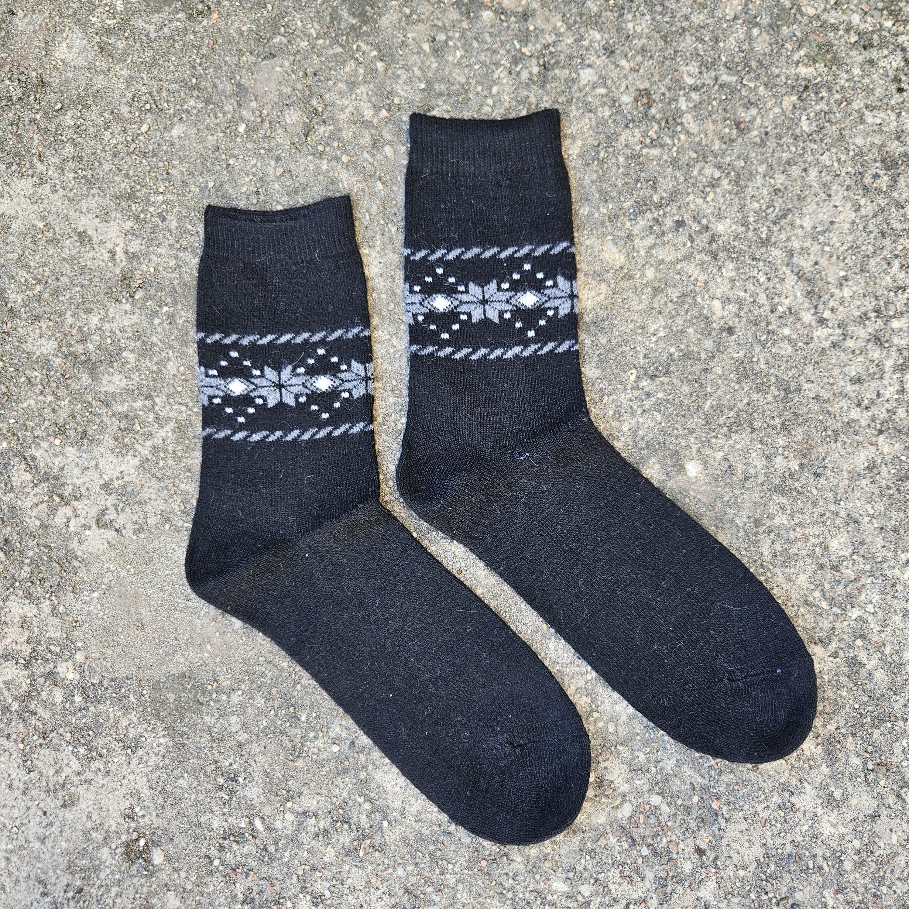 Thin Merino Wool Socks – Black Nordic Snowflakes | Lightweight Hiking & Winter Warmth