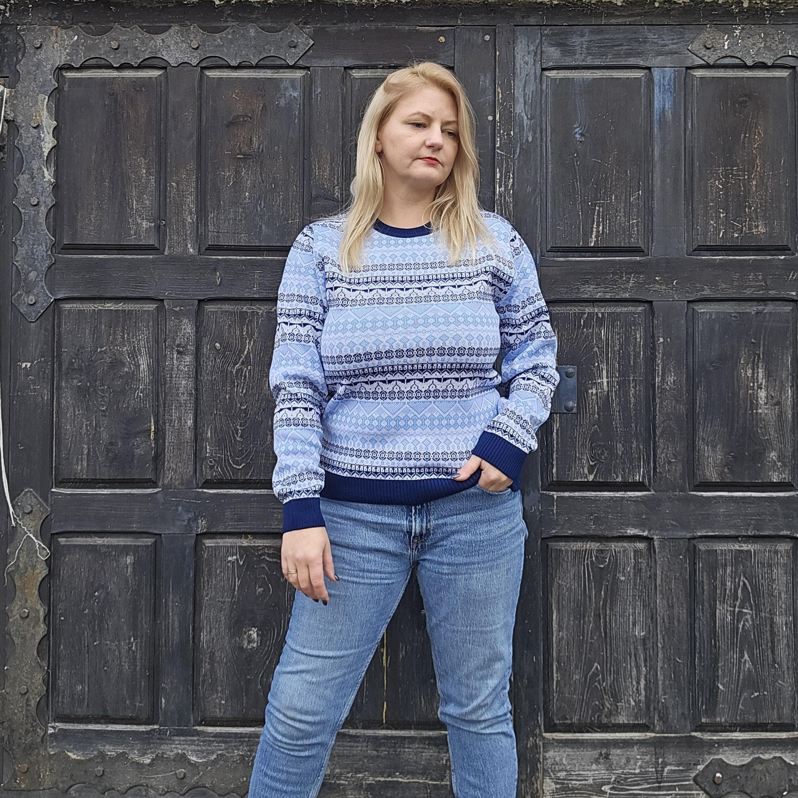 swedish knit wool sweater in blue for men or women unisex