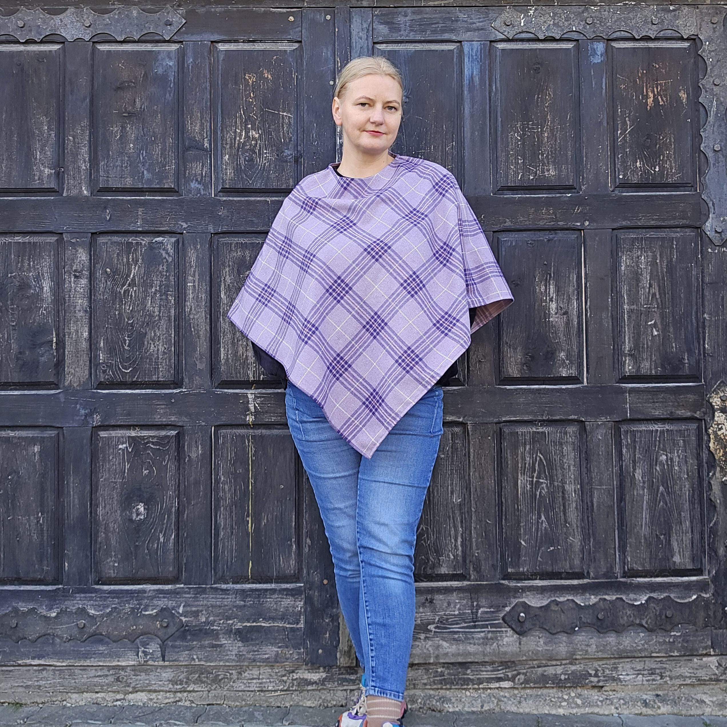 Wool Blanket Poncho - Purple Checked Hooded Wool Cape | Comfortable Outdoor Ruana