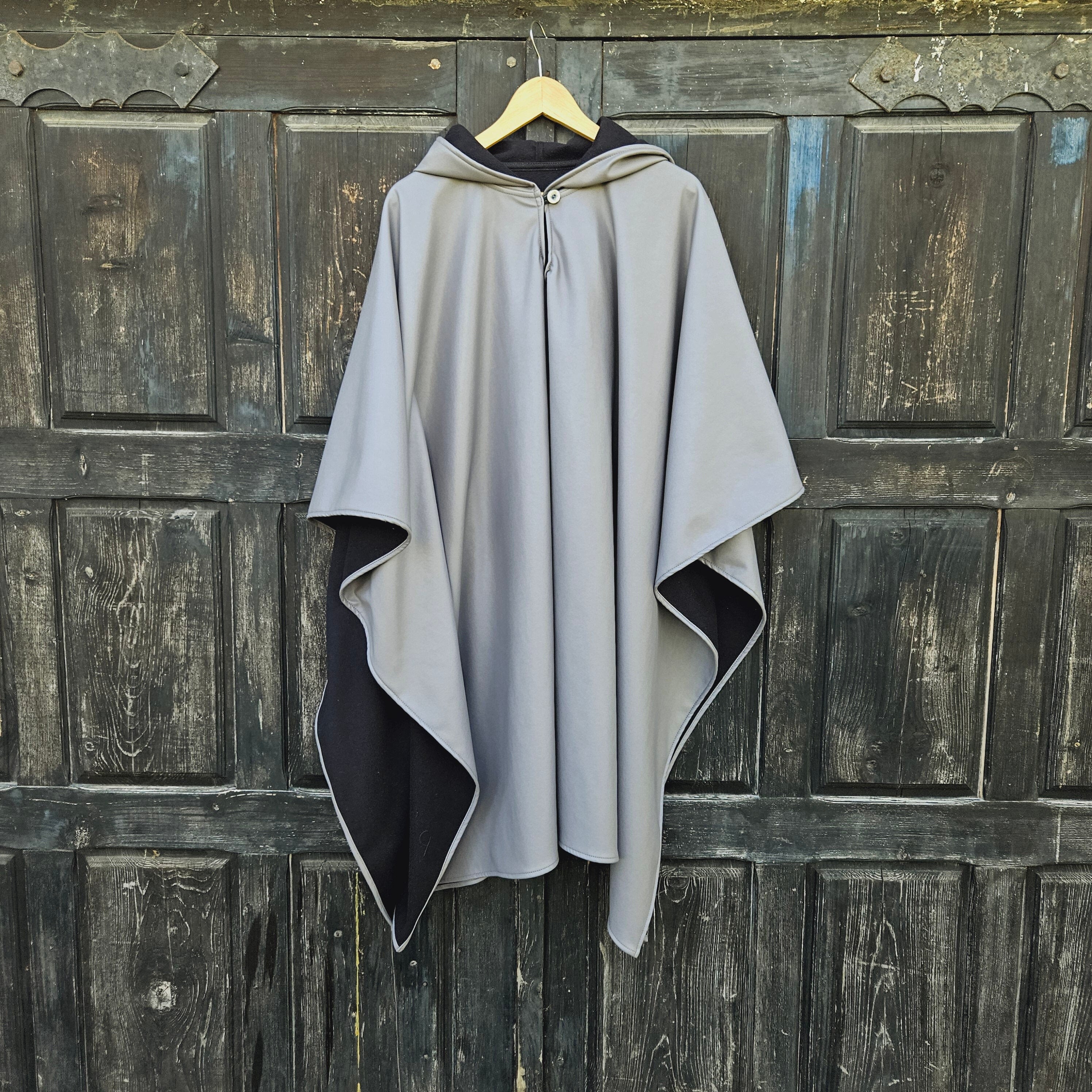 rain coat poncho for women or men in grey with hood waterproof and windproof fabric