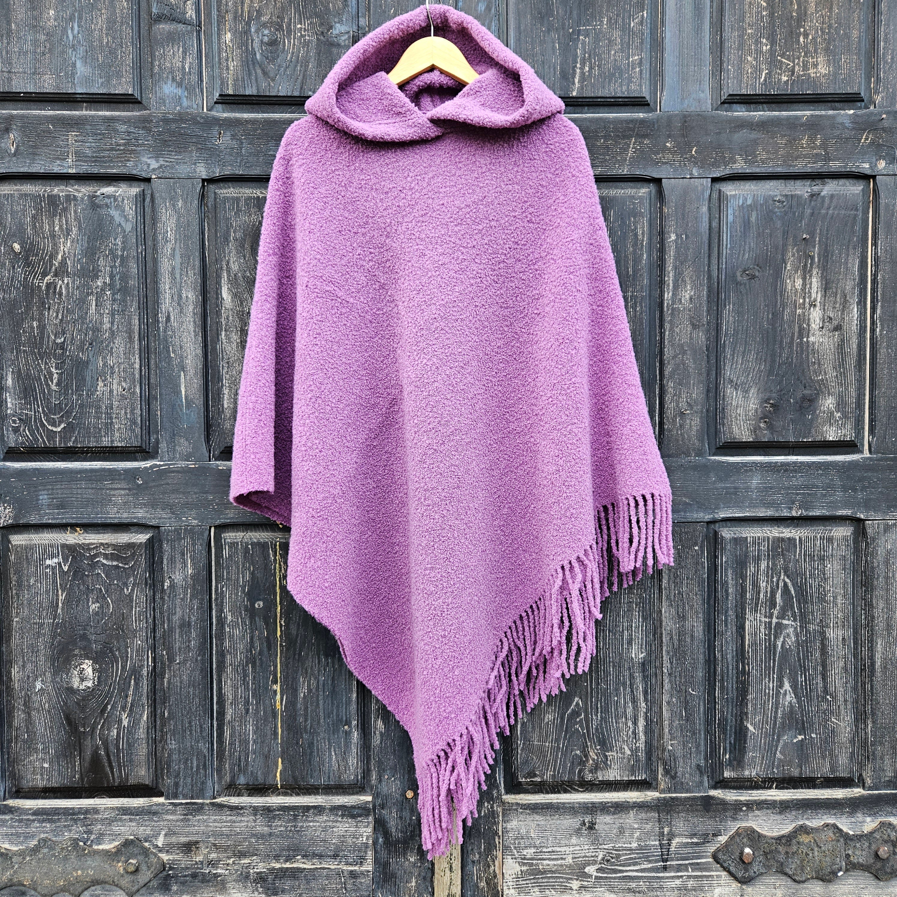 Wool Blanket Poncho – Hooded Wool Cape With Fringes, Comfortable Outdoor Wrap
