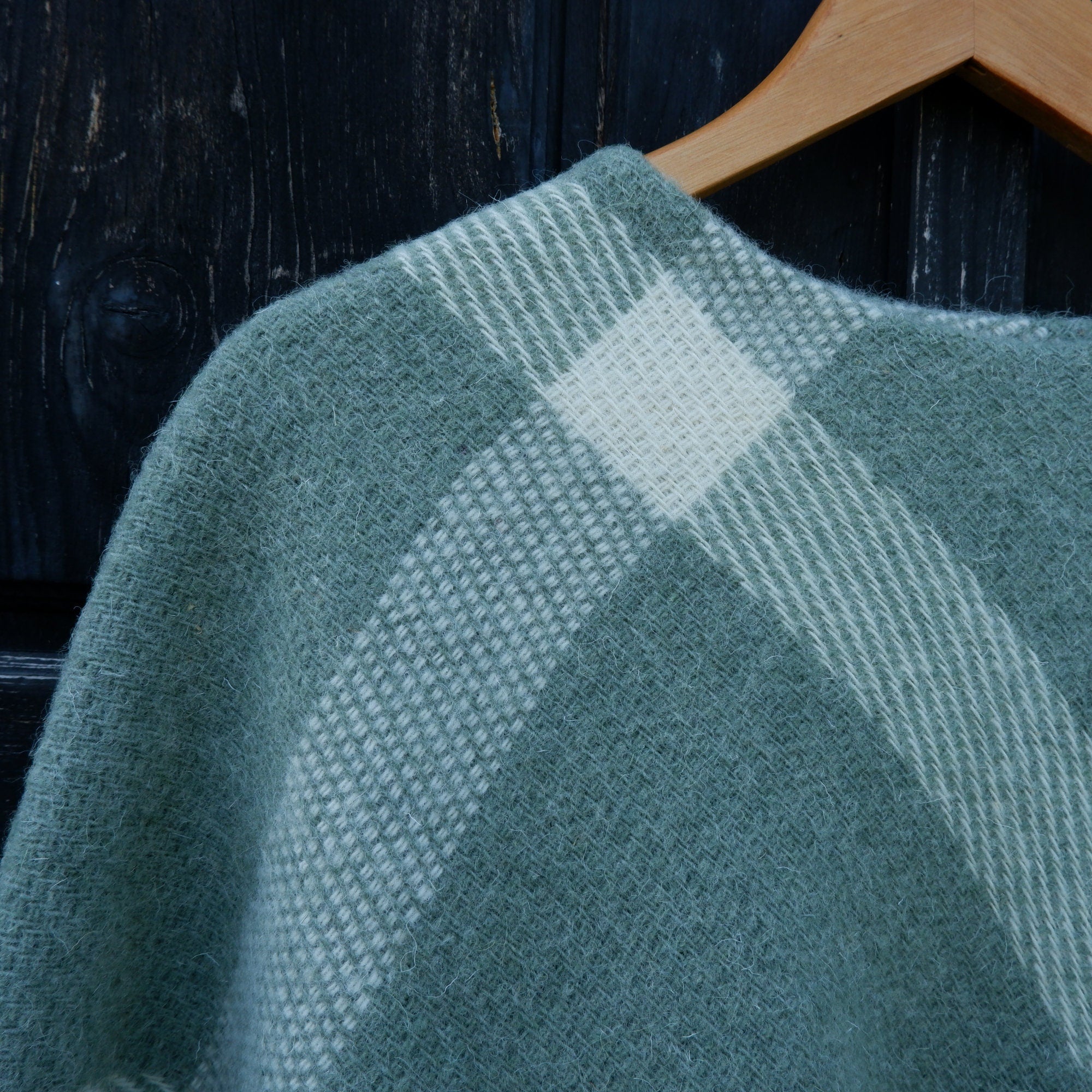 Green Wool Poncho Kiruna - Hooded Wool Blanket Cape with Fringes for Outdoor Comfort