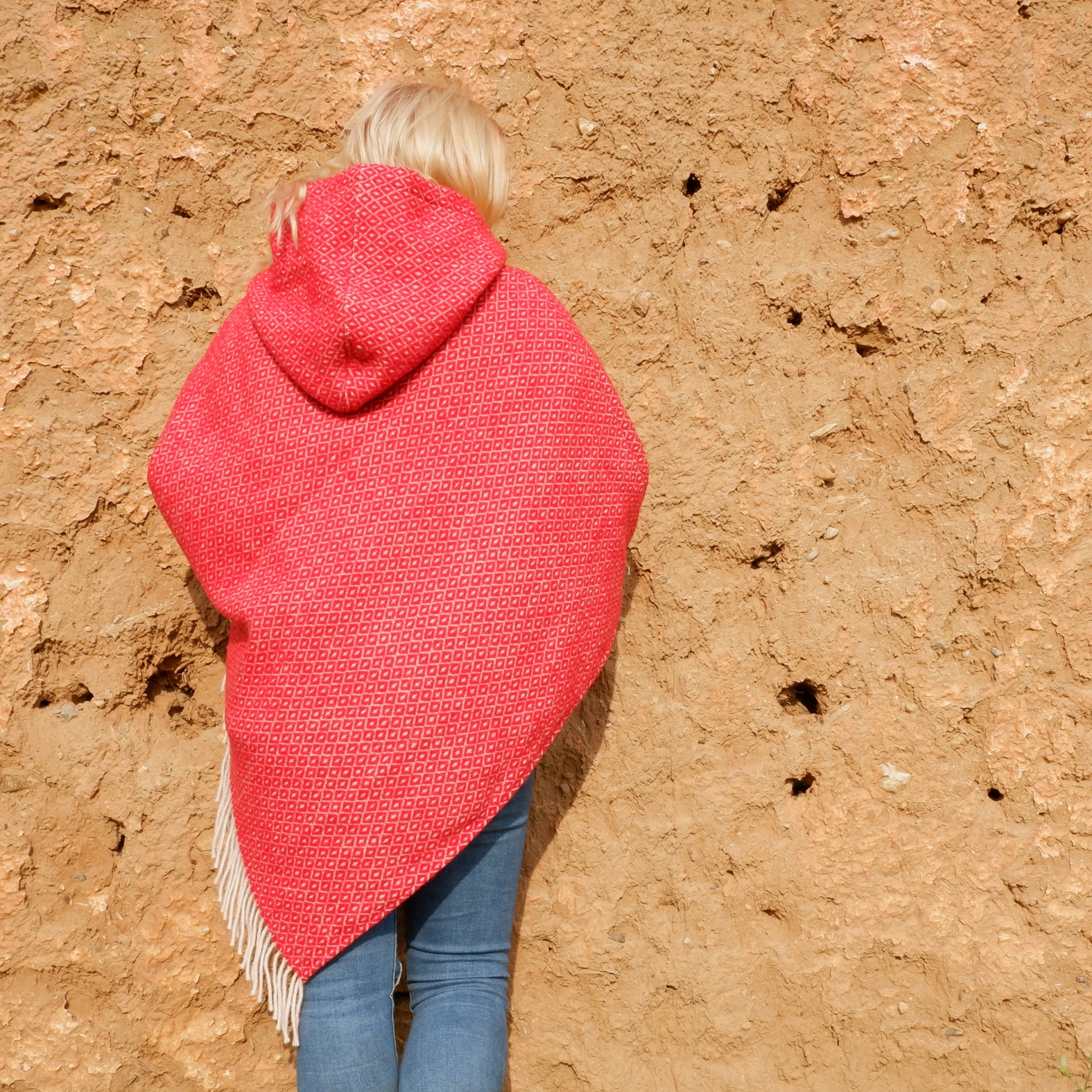Red Wool Poncho – Hooded Wool Cape With Fringes, Comfortable Outdoor Wrap