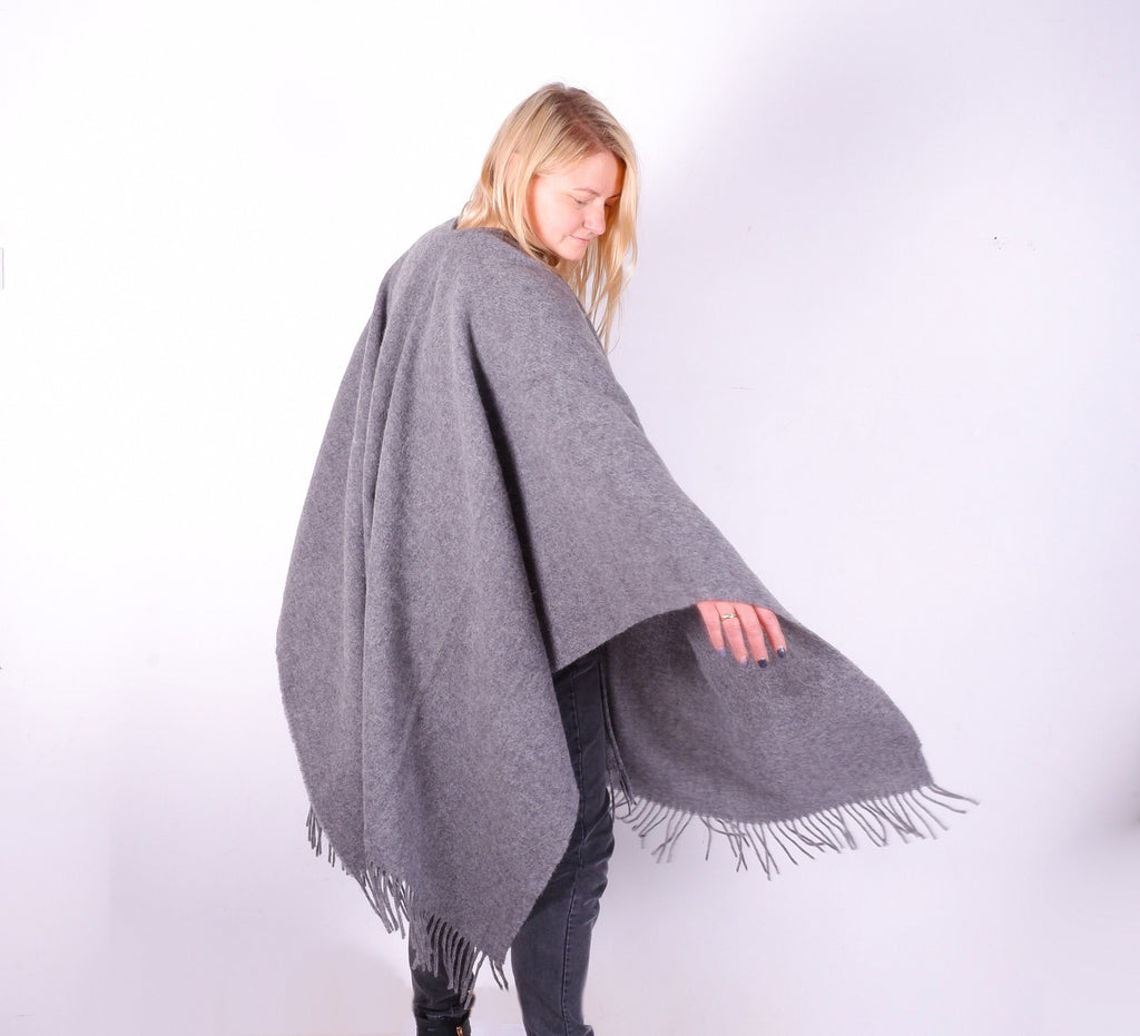 Yellow Wool Poncho Umea - One Size Shawl Wrap With Fringe Edge Open Front Cape