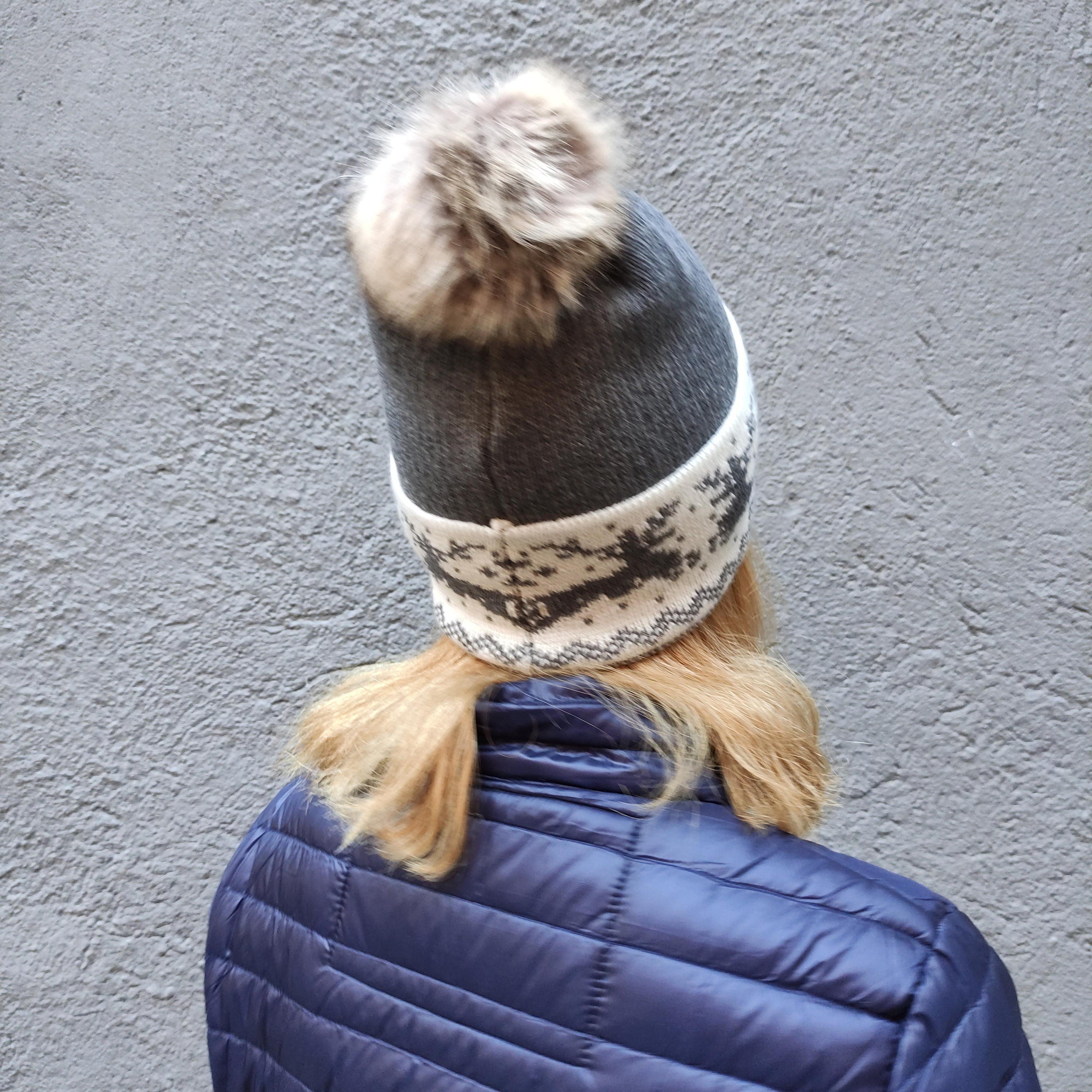 Merino Wool Knitted Beanie for Women or Men, Grey Wool Cap with pompom and reindeer, hand knit warm beanie, Woolen womens head accessories