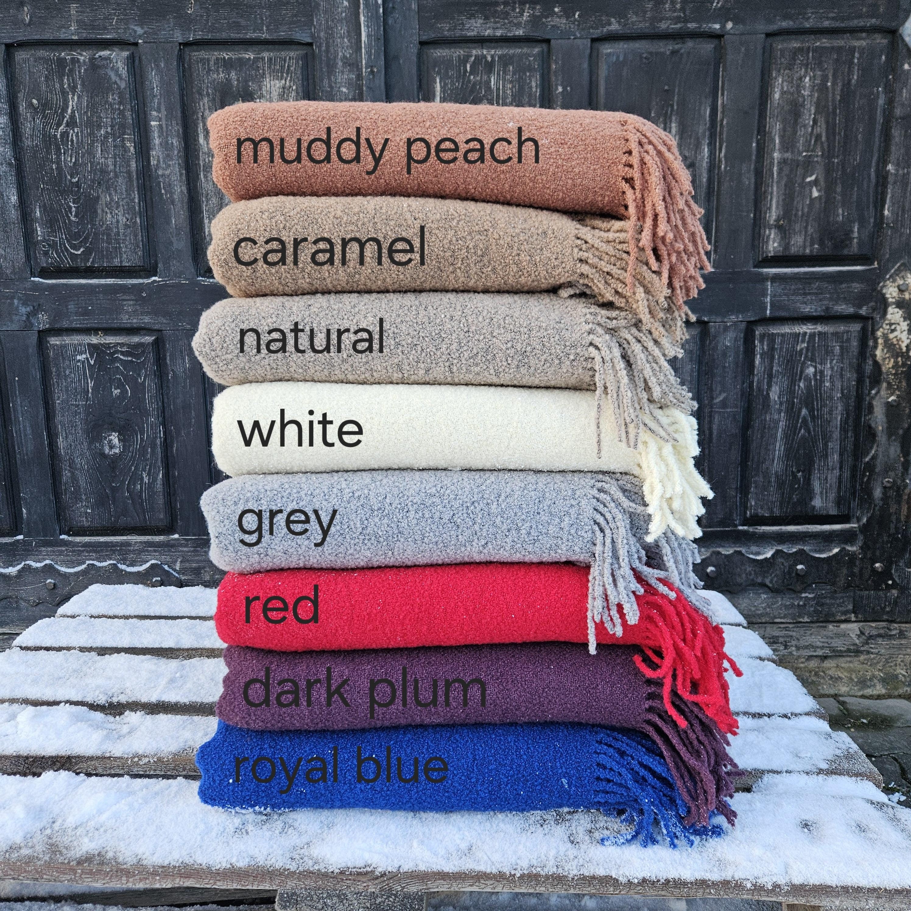 wool blanktets throws in several colors grey white red purple blue