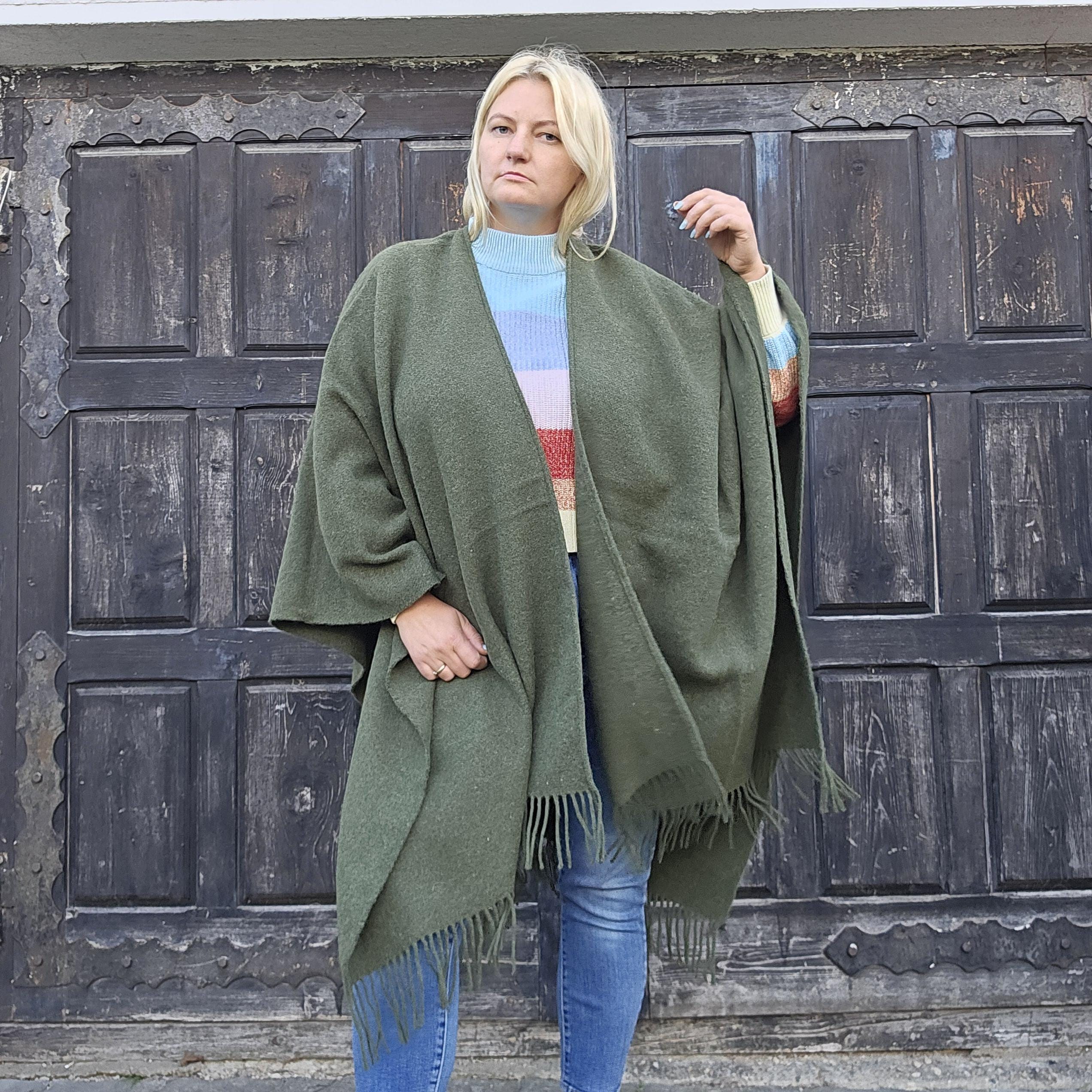 Merino Wool Poncho Umea – Blue Wool Wrap With Fringed Open Front, Soft Durable Cape