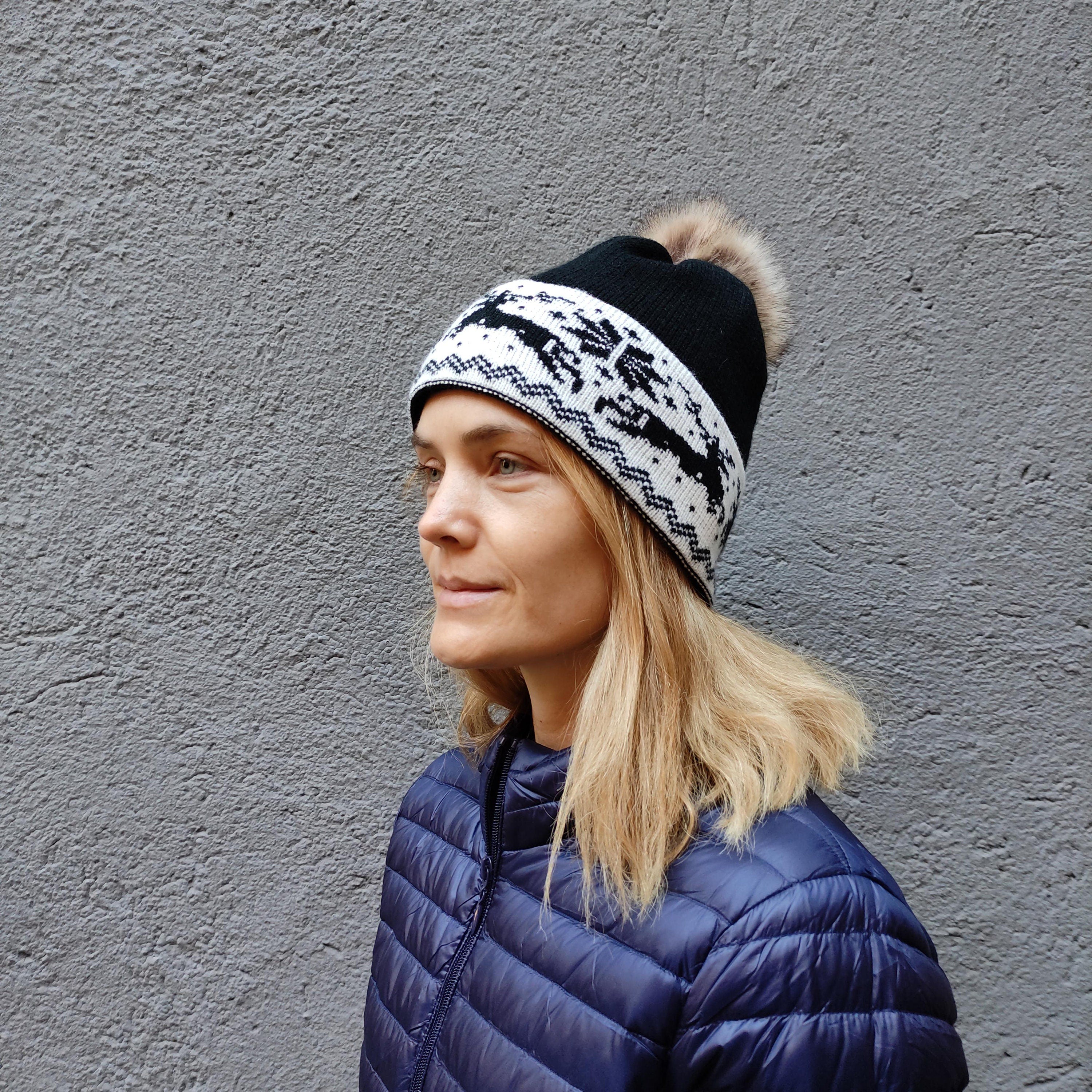 Merino Wool Knitted Beanie for Women or Men, black Wool Cap with pompom and reindeer, hand knit warm beanie, Woolen womens head accessories