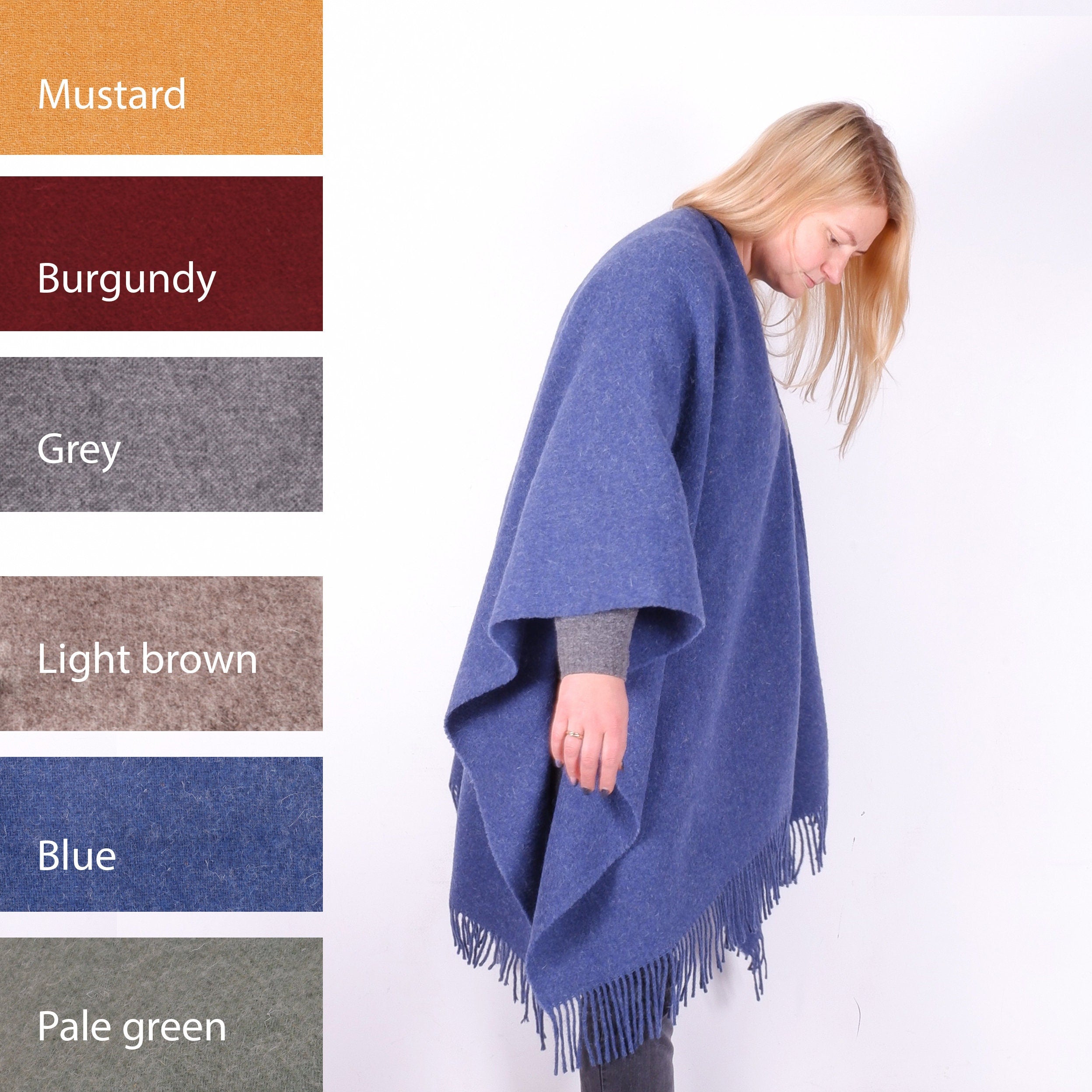 Wool Poncho Wrap Umea | Warm Outdoor Poncho, Reversible Soft Wool Cape, Classic Design