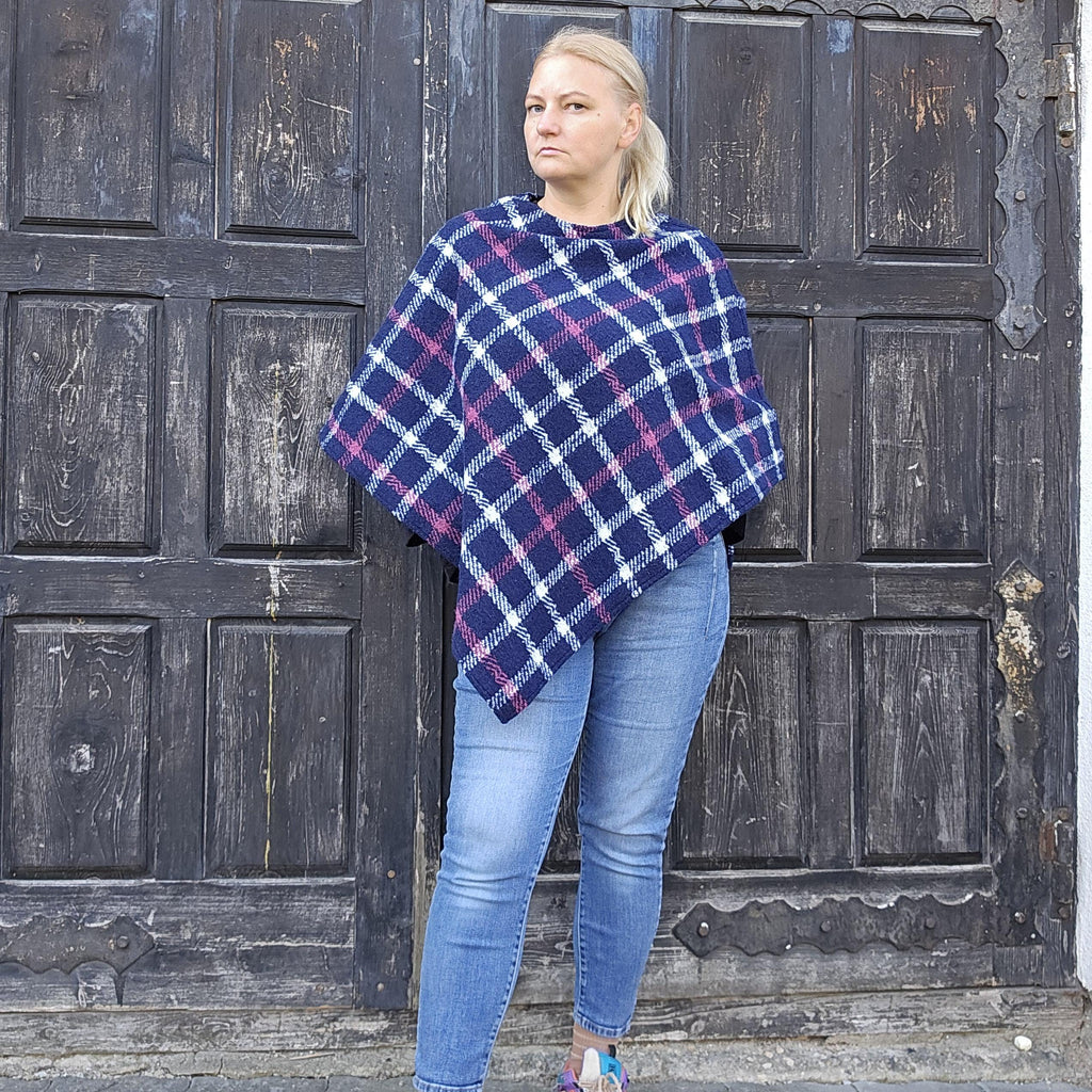 Wool Blanket Poncho - Blue Checked Hooded Wool Cape, Comfortable Outdoor Ruana