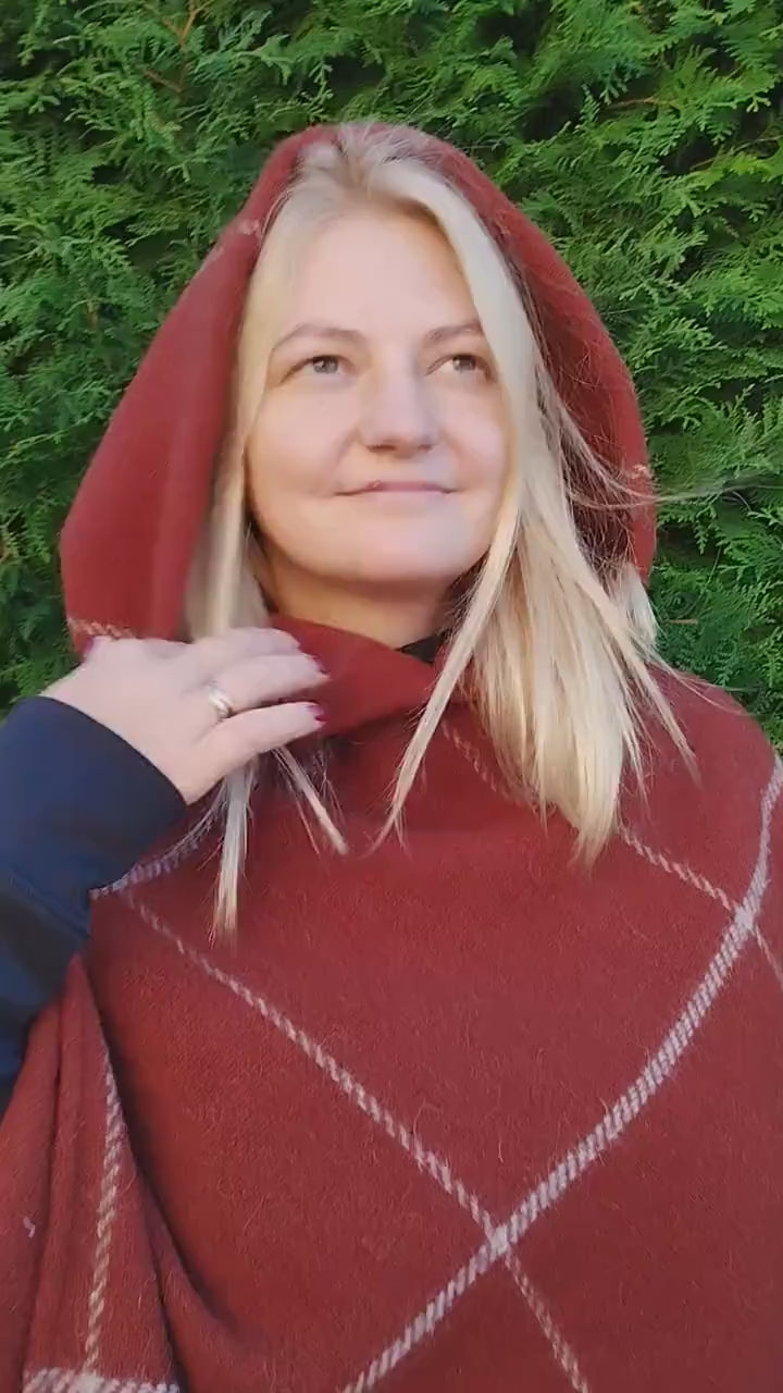 Red Wool Poncho - Hooded Wool Ruana Cape With Fringes | Cozy Outdoor Wrap