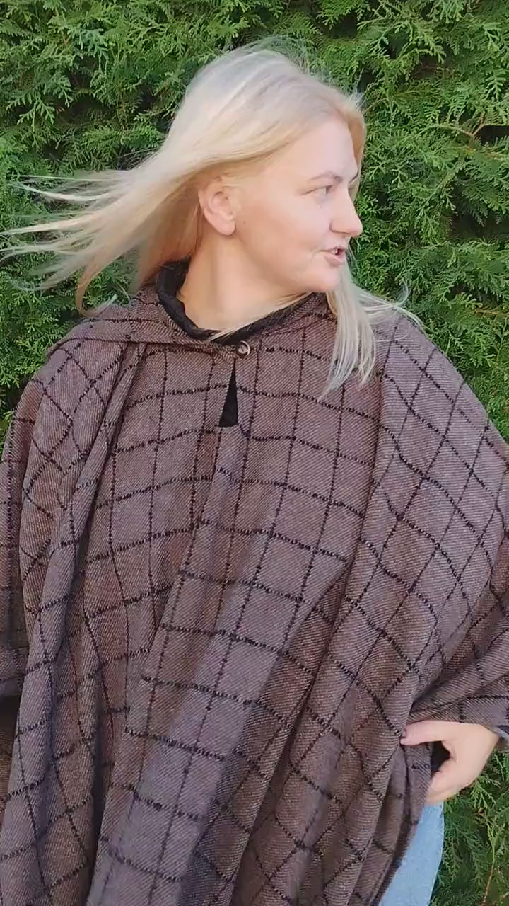 Wool Poncho - Unisex Ruana Cape | Brown Wool Blanket | Comfortable Outdoor Cloak