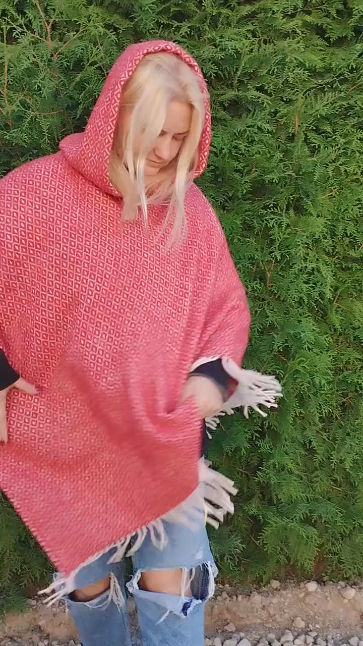 Red Wool Poncho – Hooded Cape With Fringed Ruana, Outdoor Wool Blanket